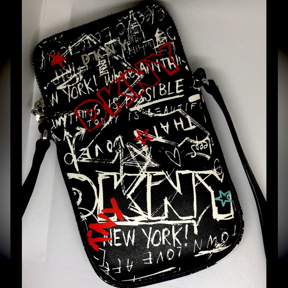 DKNY Phone Crossbody Bag Purse Small  Pockets Faux Leather Graffiti New York